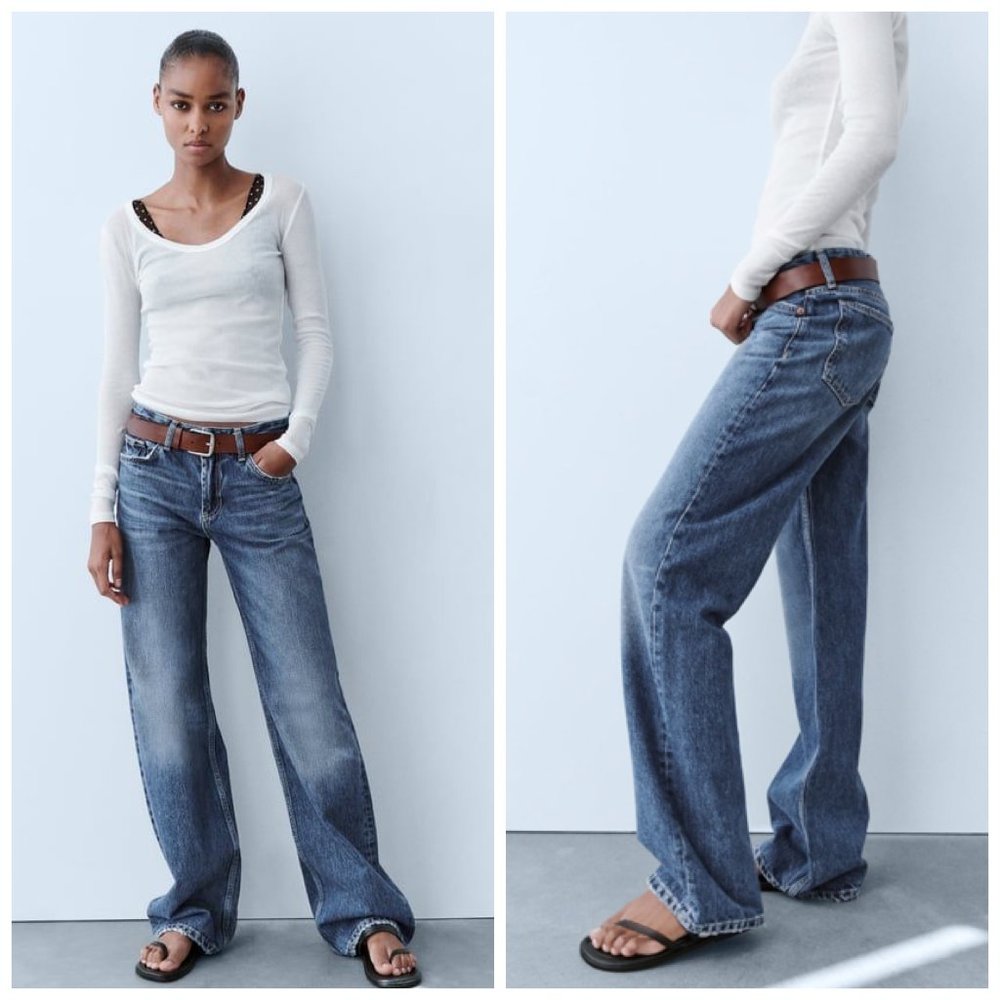 NWOT Zara Full Length Mid-Rise Wide Leg Jeans raw hem
